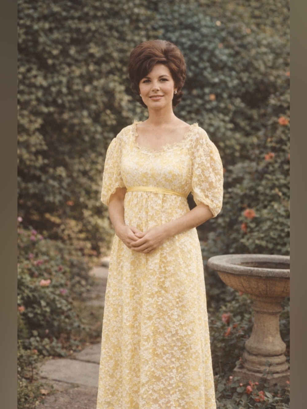 Vintage 1960s Yellow Taffeta Floral Overlay Prom Dress | Puffed Sleeves  Gown - Picture 16 of 16